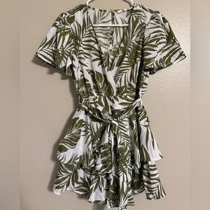 Leaf Print Mini Dress in Green and White